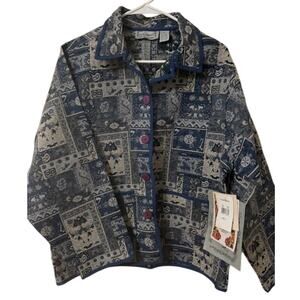 Jane Ashley Vintage Tapestry Brocade Blue Button Up Jacket L